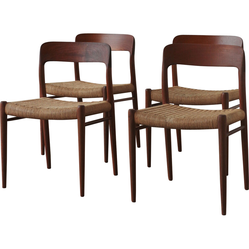 Satz von 4 Vintage-Stühlen aus Seil und Teakholz Modell 75 von Niels Otto Møller, 1950