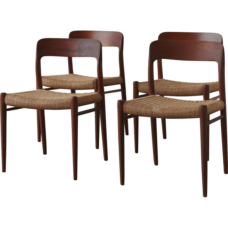 Set di 4 sedie vintage in corda e teak modello 75 di Niels Otto Møller, 1950