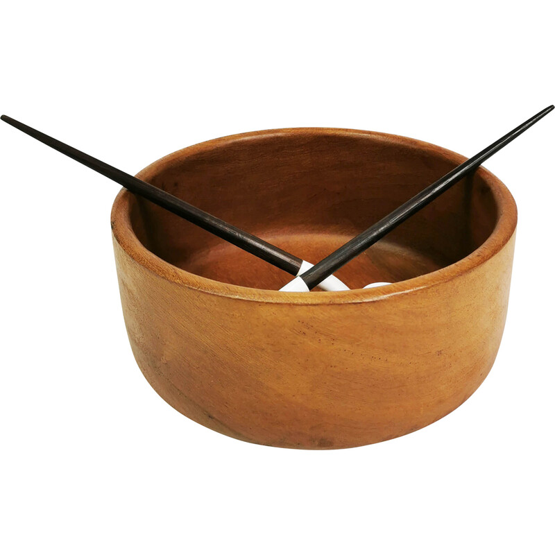 Vintage teak bowl and salad spoons, 1970s