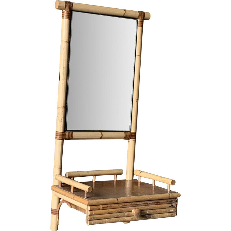 Vintage wall mirror with 1 drawer in rattan