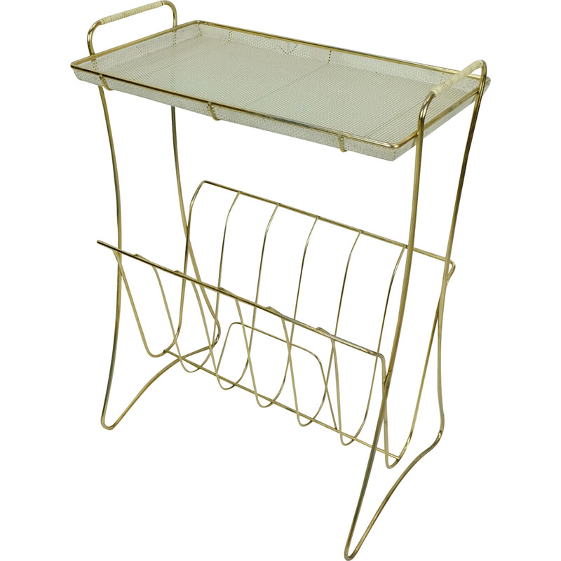 Vintage side table with newspaper rack in brass and perforated sheet metal, 1950s