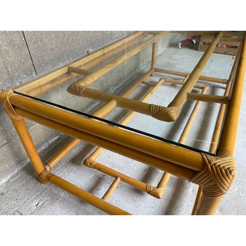 Vintage coffee table in rattan and glass, 1970