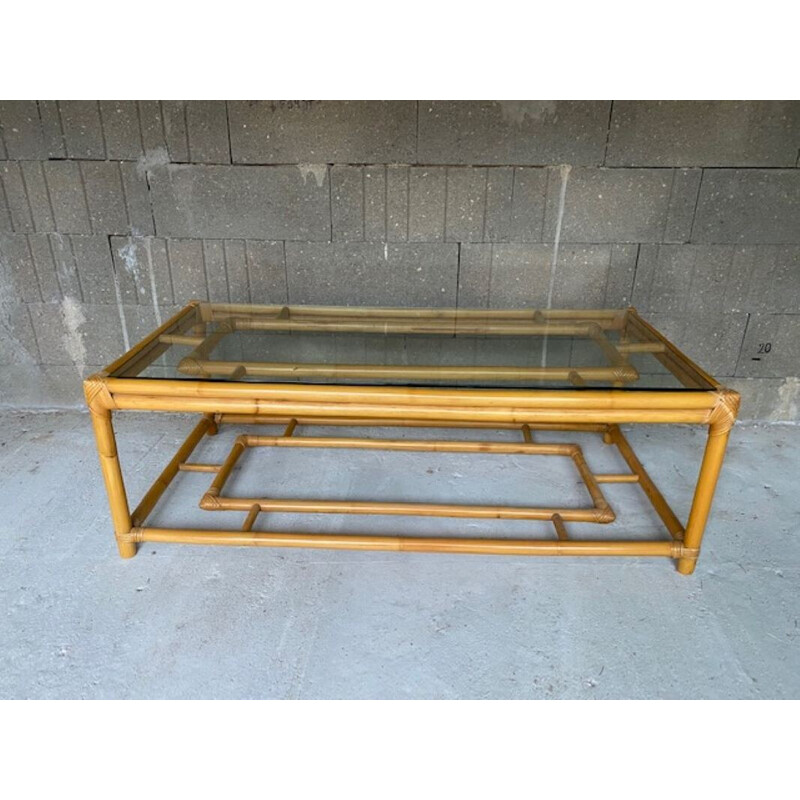 Vintage coffee table in rattan and glass, 1970