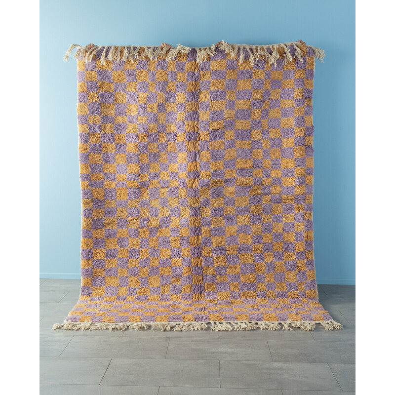 Tapete de lã berbere Vintage Blueberry Orange Check, Marrocos