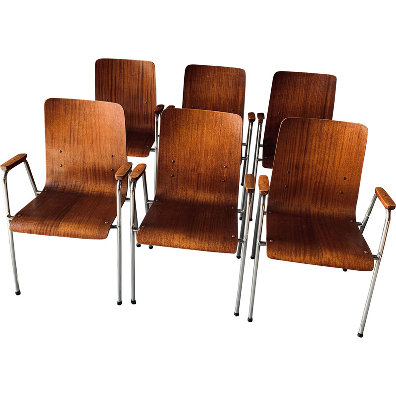 Conjunto de 6 sillones vintage de madera y metal, 1960