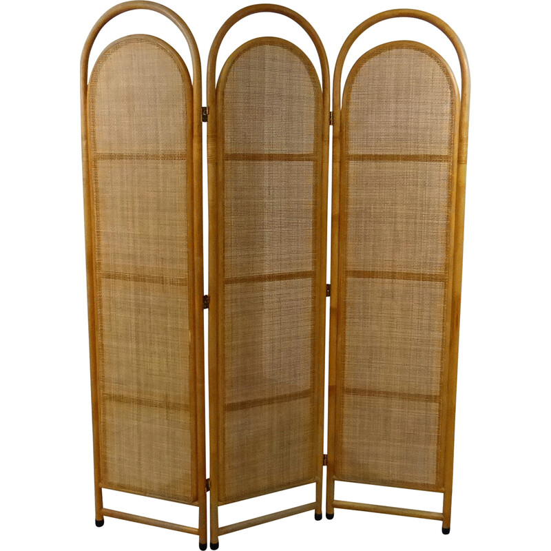 Vintage rattan and wicker folding screen, 1980s