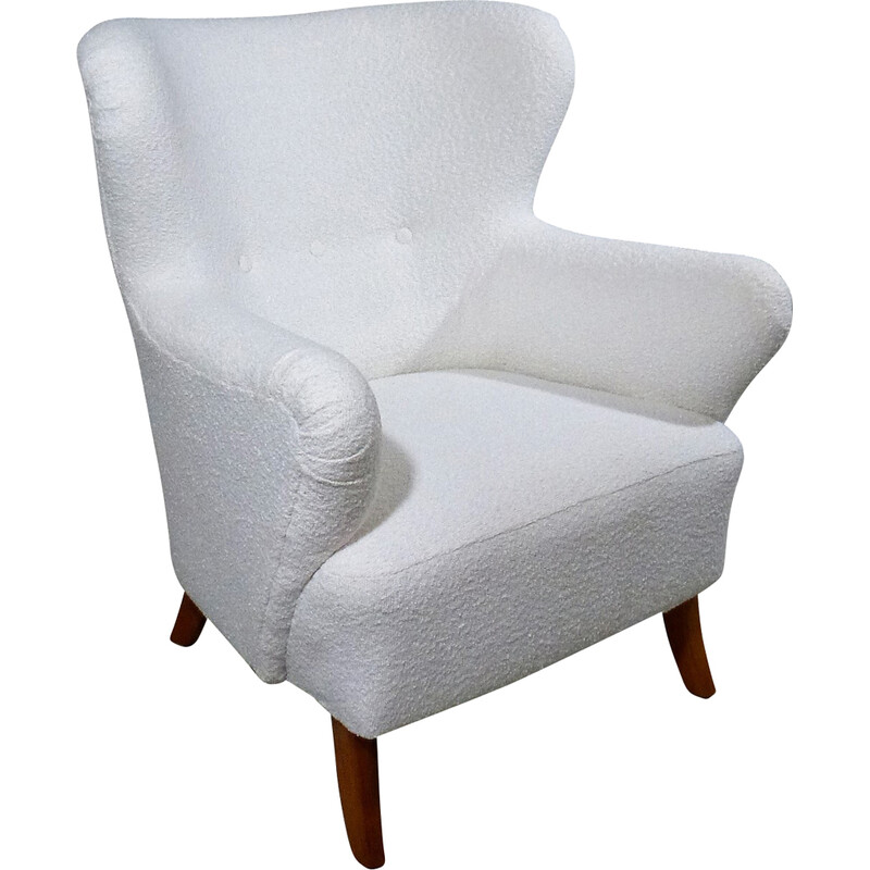 Vintage white boucle fabric armchair, Sweden 1950s