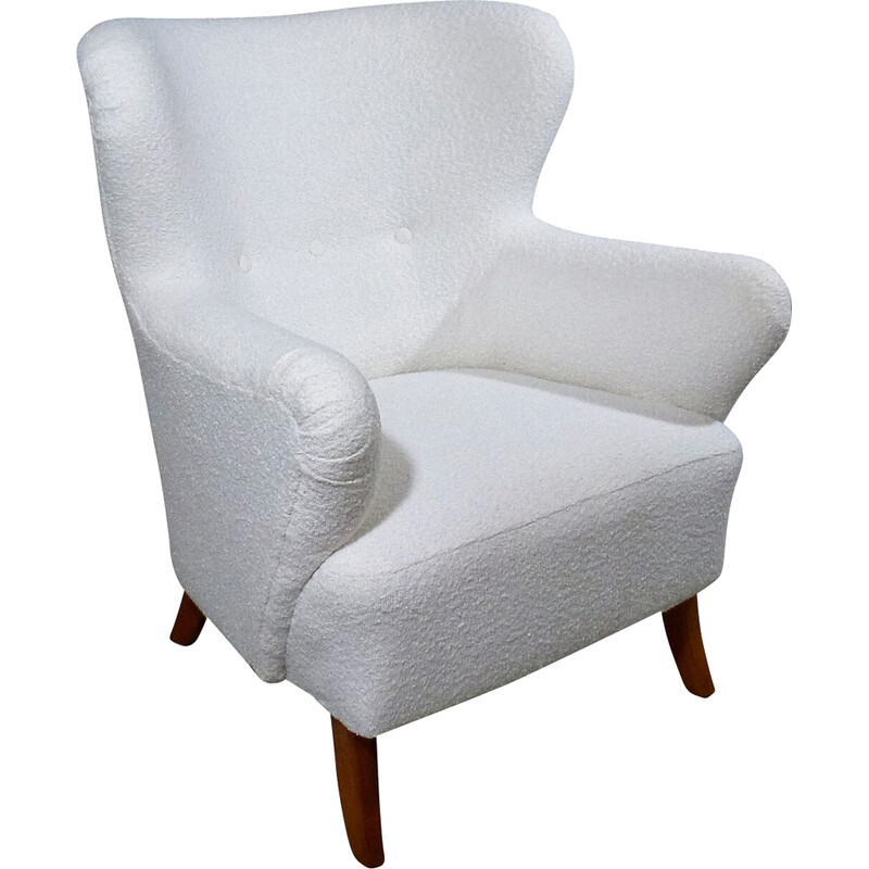 Vintage witte boucle stoffen fauteuil, Zweden 1950