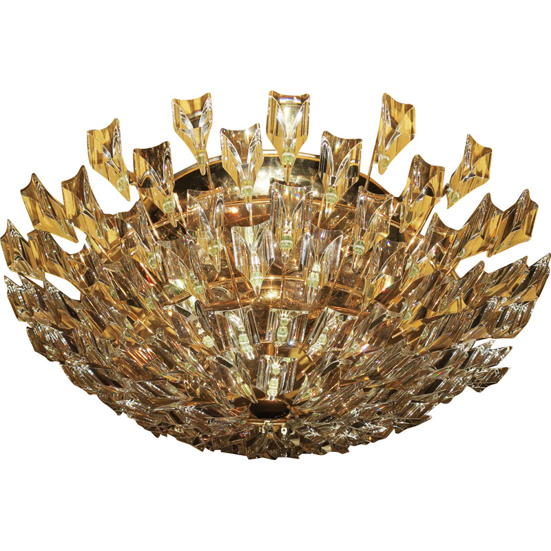 Vintage Stilkronen gold plated brass and crystal chandelier, Italy 1970s