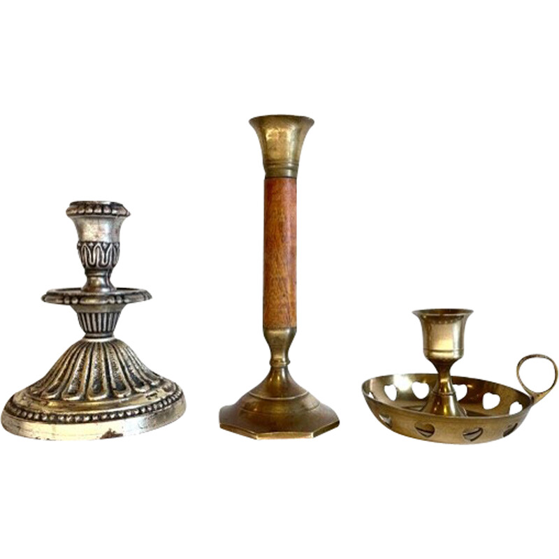 Set of 3 vintage silver metal and wood candlesticks