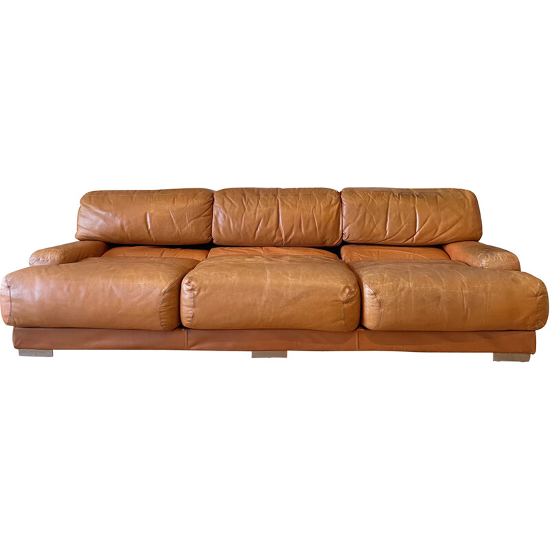 Vintage 3-Sitzer-Sofa aus fauvefarbenem Leder und Edelstahl von Gérard Guermonprez, Frankreich 1970