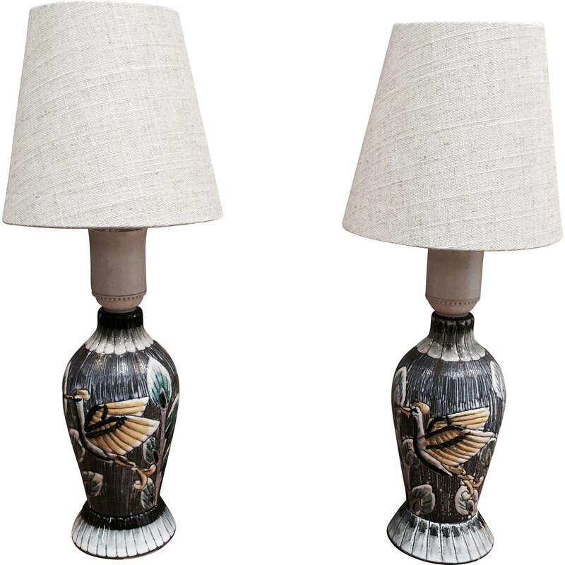 Pair of Scandinavian vintage lamps in ceramic and linen, 1960