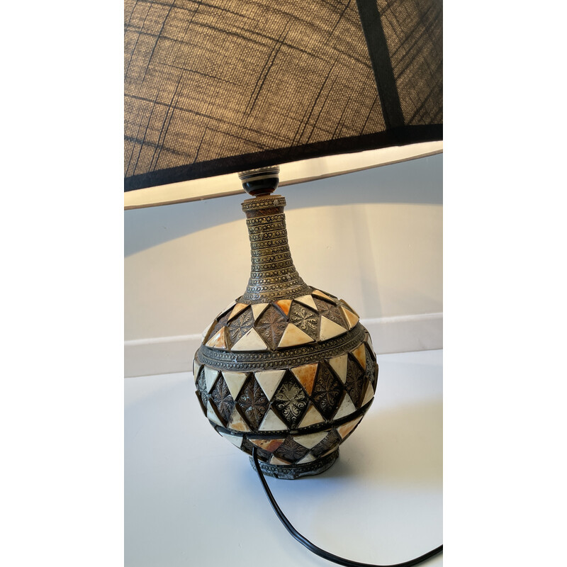 Vintage handmade lamp in silver plated metal and bone, 1970