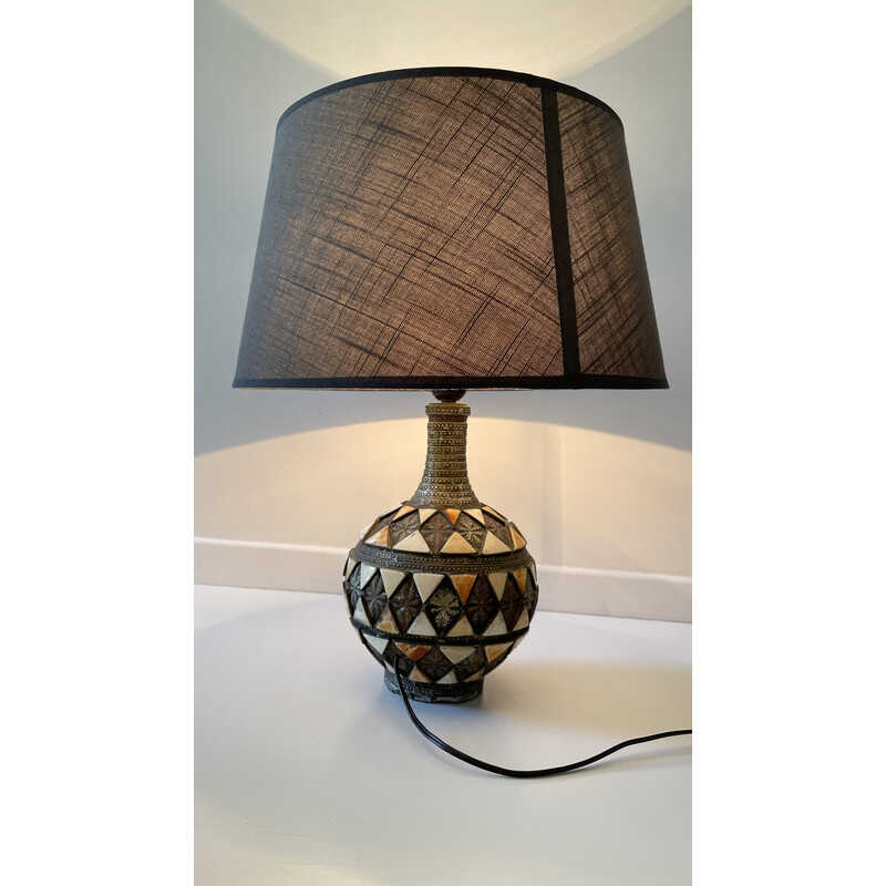 Vintage handmade lamp in silver plated metal and bone, 1970