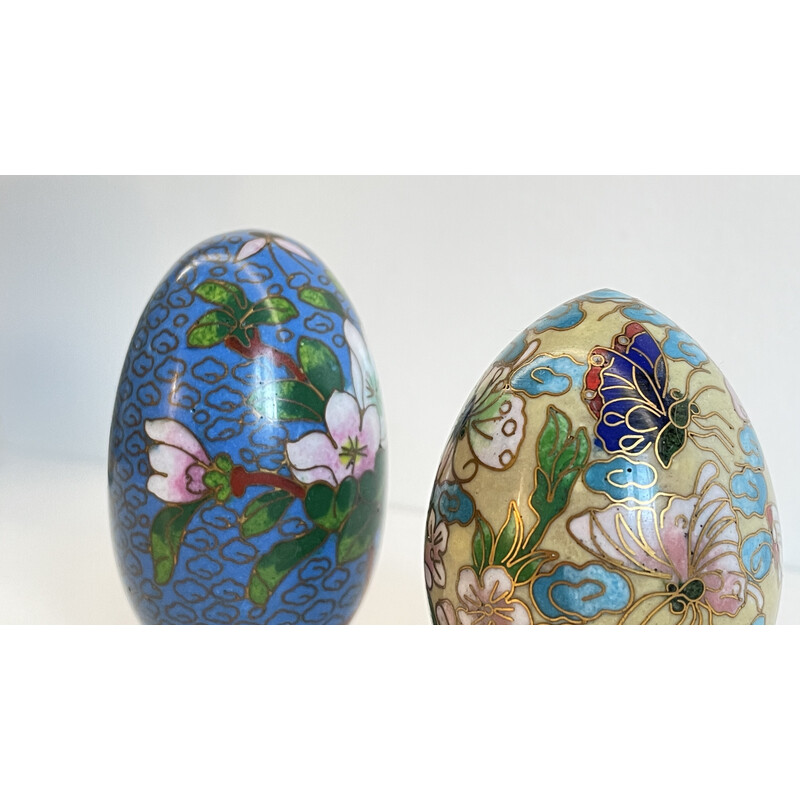 Pair of vintage cloisonne enamel collectible eggs in brass