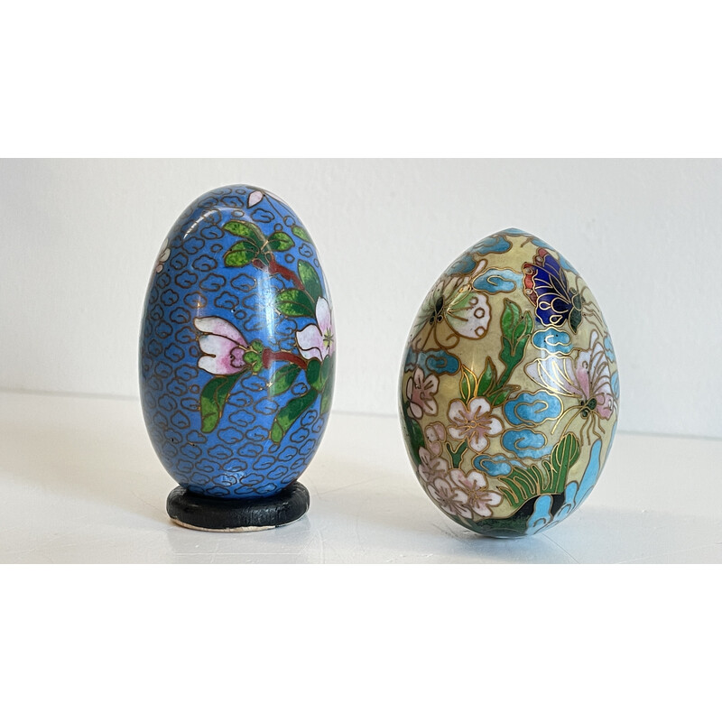 Pair of vintage cloisonne enamel collectible eggs in brass
