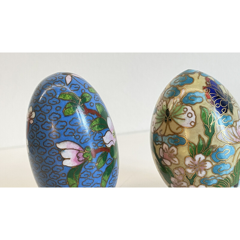 Pair of vintage cloisonne enamel collectible eggs in brass