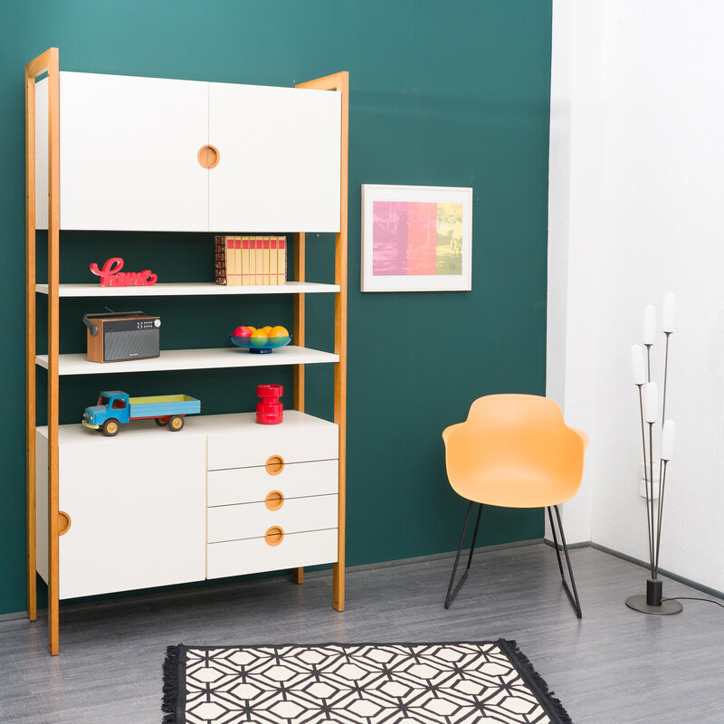 Vintage shelving system in solid oakwood with drawers, 1970s