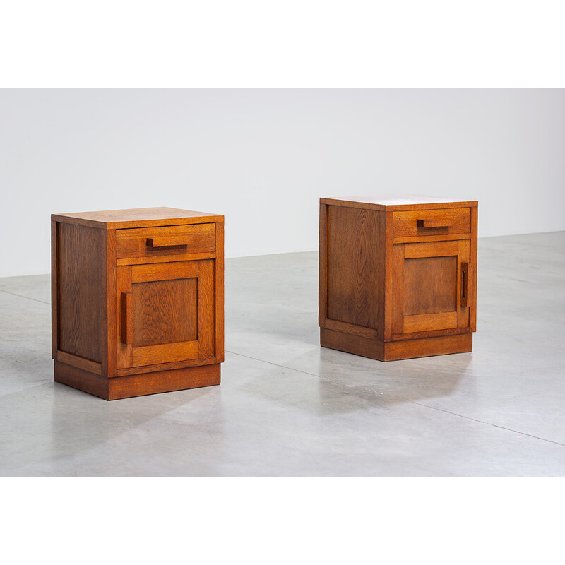 Pair of vintage geometric Art Deco oakwood night stands, 1920s