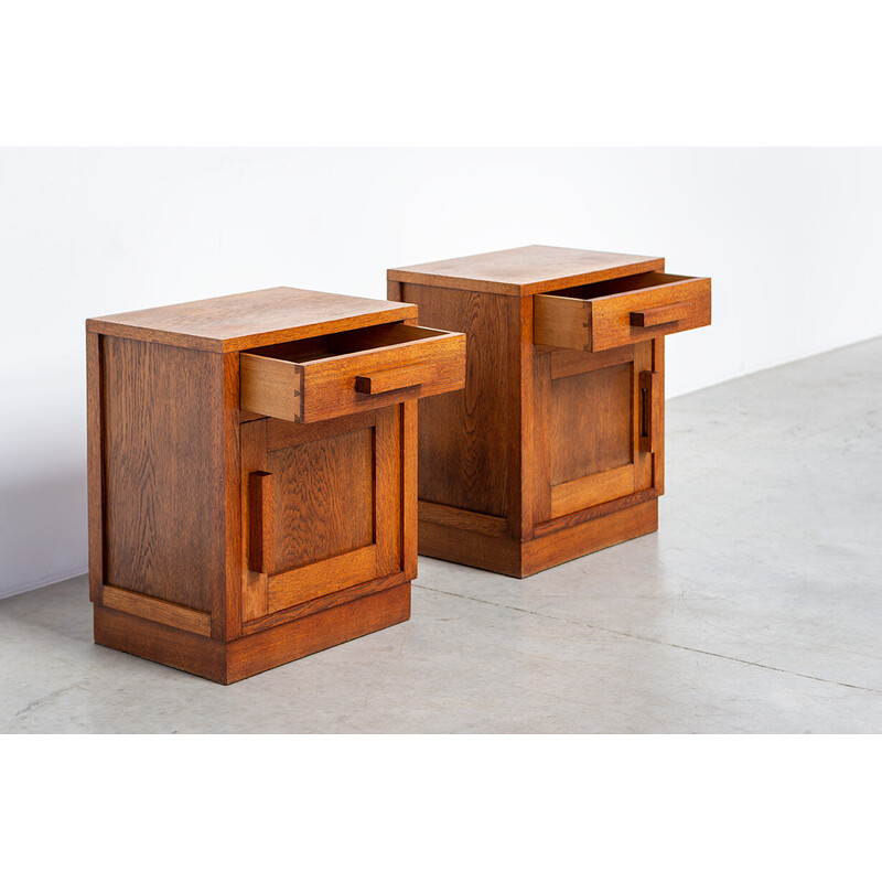 Pair of vintage geometric Art Deco oakwood night stands, 1920s