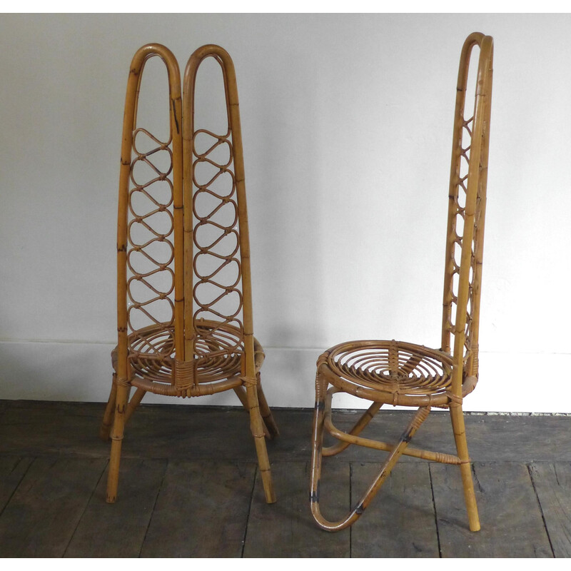 Pair of vintage low chairs in rattan and bamboo, 1960