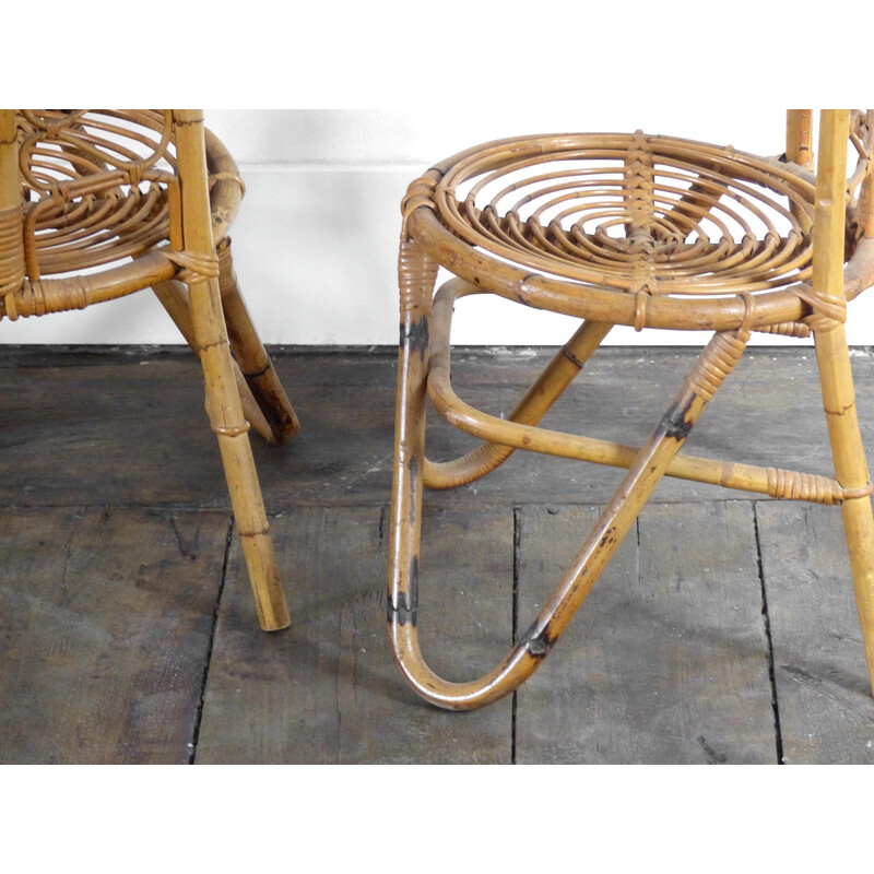 Pair of vintage low chairs in rattan and bamboo, 1960