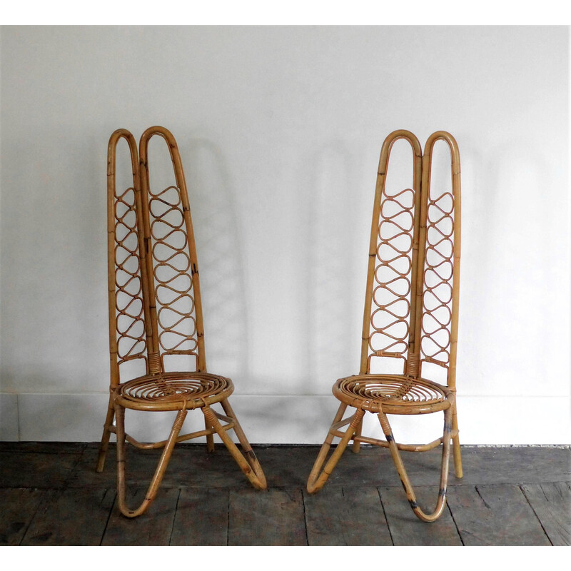 Pair of vintage low chairs in rattan and bamboo, 1960