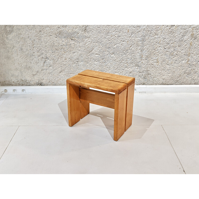 Vintage pine stool model "les Arcs" for Charlotte Perriand, 1960
