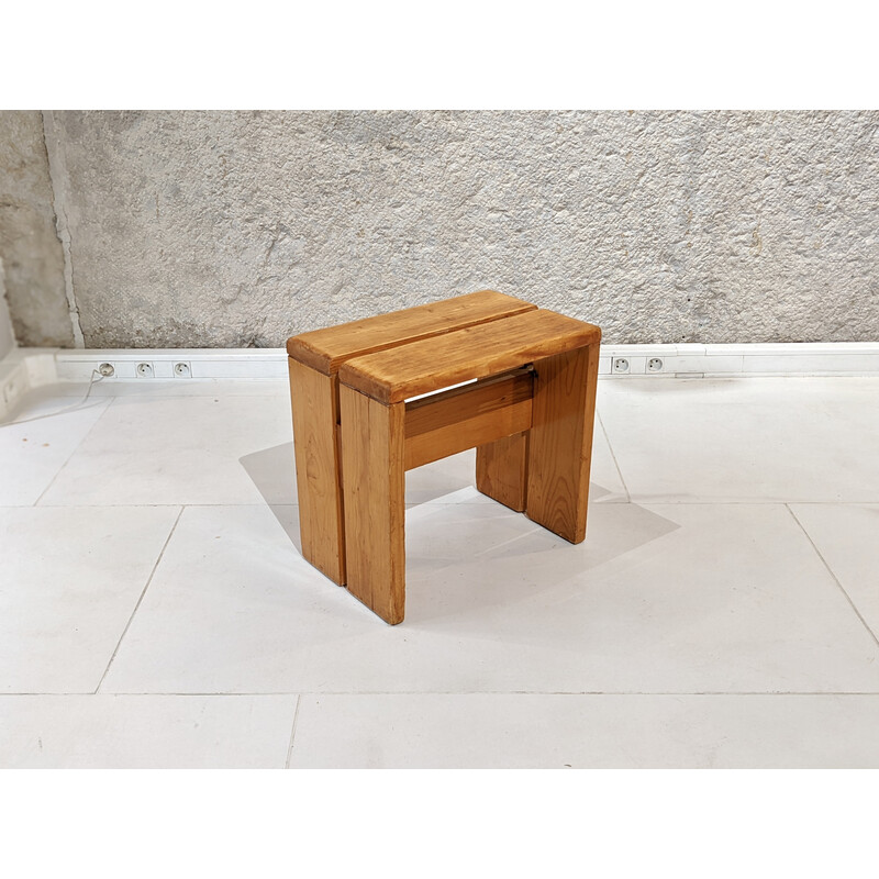 Vintage pine stool model "les Arcs" for Charlotte Perriand, 1960