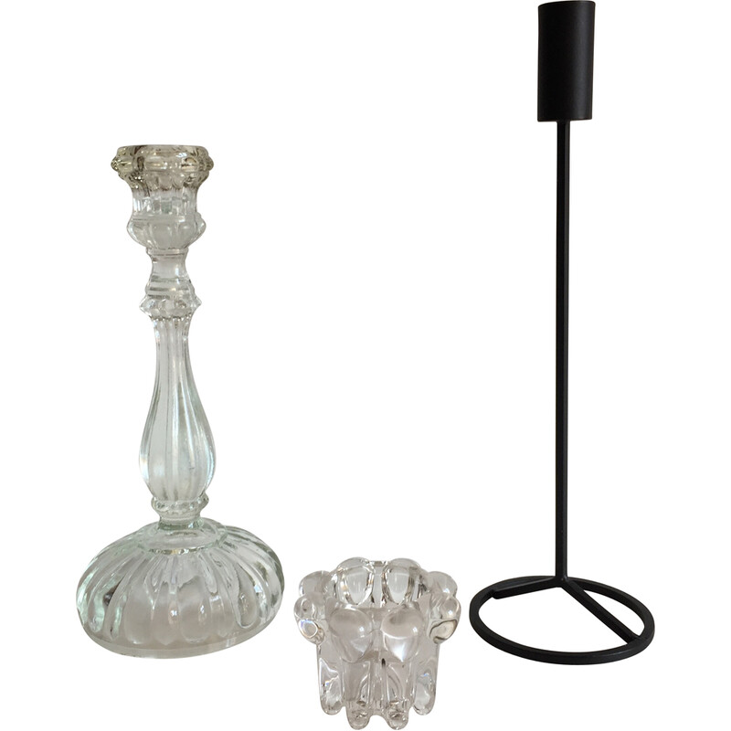 Set aus 3 Vintage-Kerzenhaltern aus Metall, Glas und Kristall