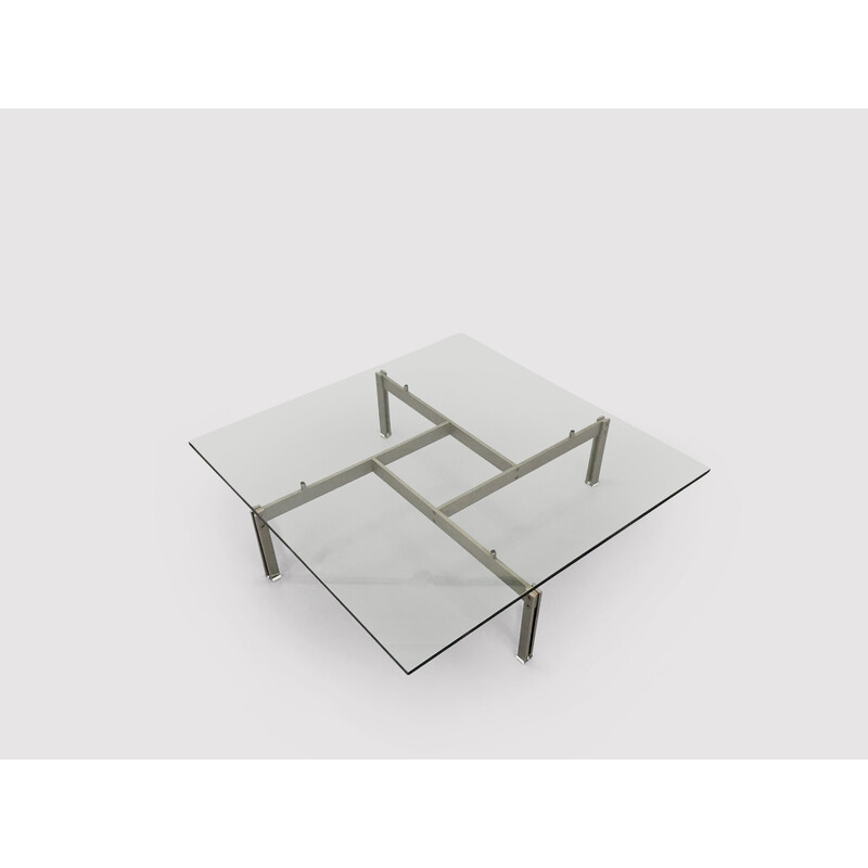 Table basse vintage Onda en acier brossé et verre par Giovanni Offredi pour Saporiti, 1970