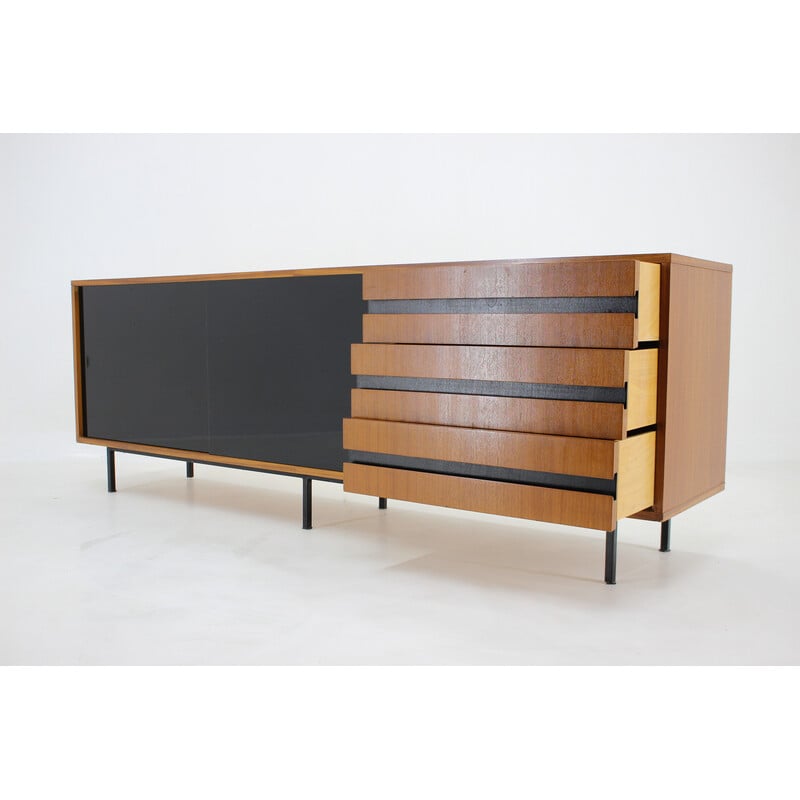 Vintage mahogany and black glass sideboard, Czechoslovakia 1970s