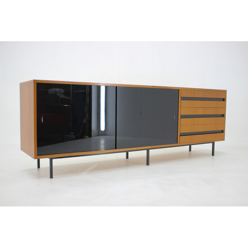 Vintage mahogany and black glass sideboard, Czechoslovakia 1970s