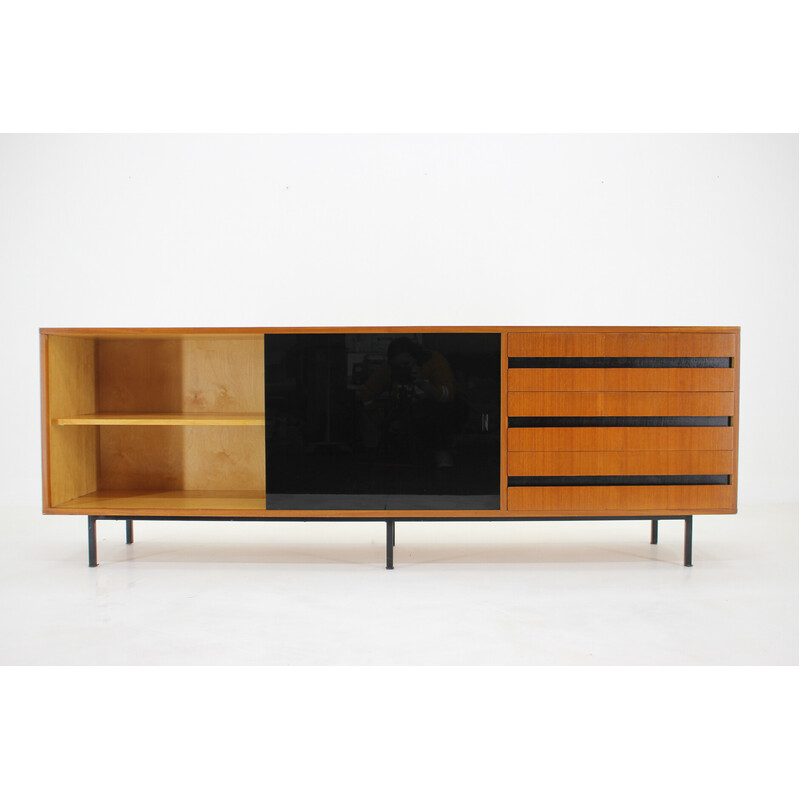 Vintage mahonie en zwart glazen dressoir, Tsjecho-Slowakije 1970