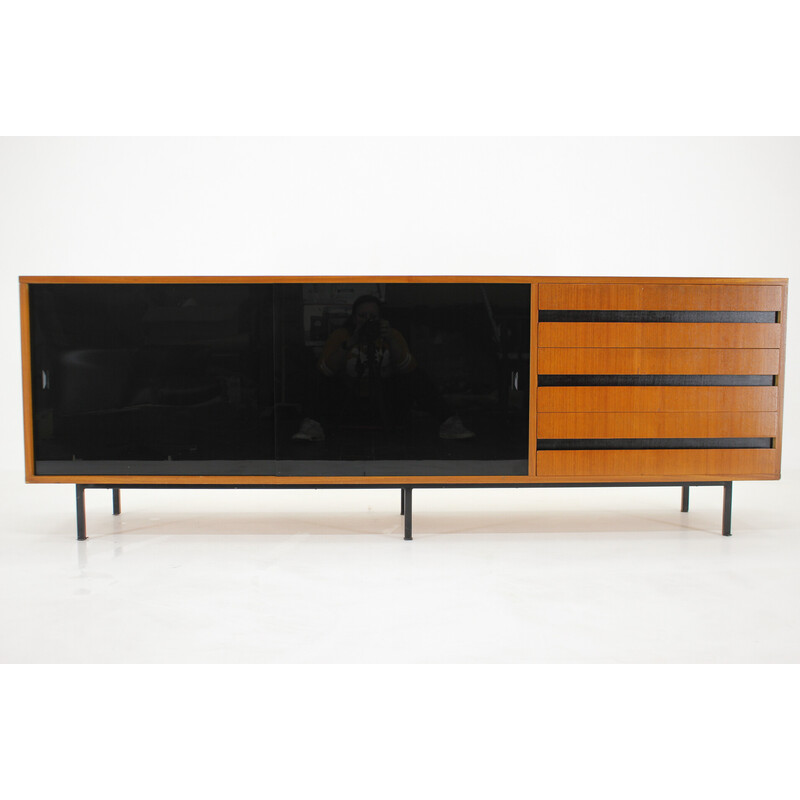 Vintage mahogany and black glass sideboard, Czechoslovakia 1970s