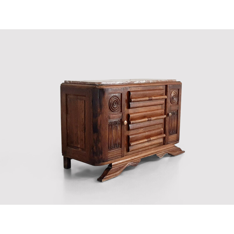 Mueble bar Art Decó de madera de roble y mármol, Francia años 30