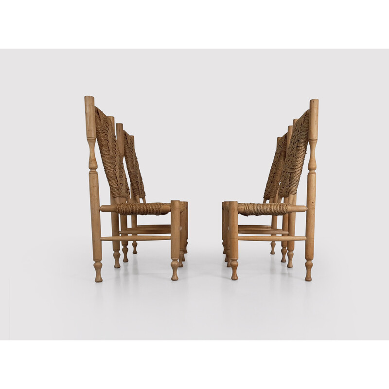 Set of 4 vintage rustic beechwood and rope dining chairs by Adrien Audoux and Frida Minet for Vibo Visoul, France 1950s