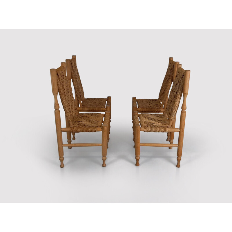 Rustic beech and rope dining chair by Adrien Audoux and Frida Minet for Vibo Visoul France 1950s, set of 4