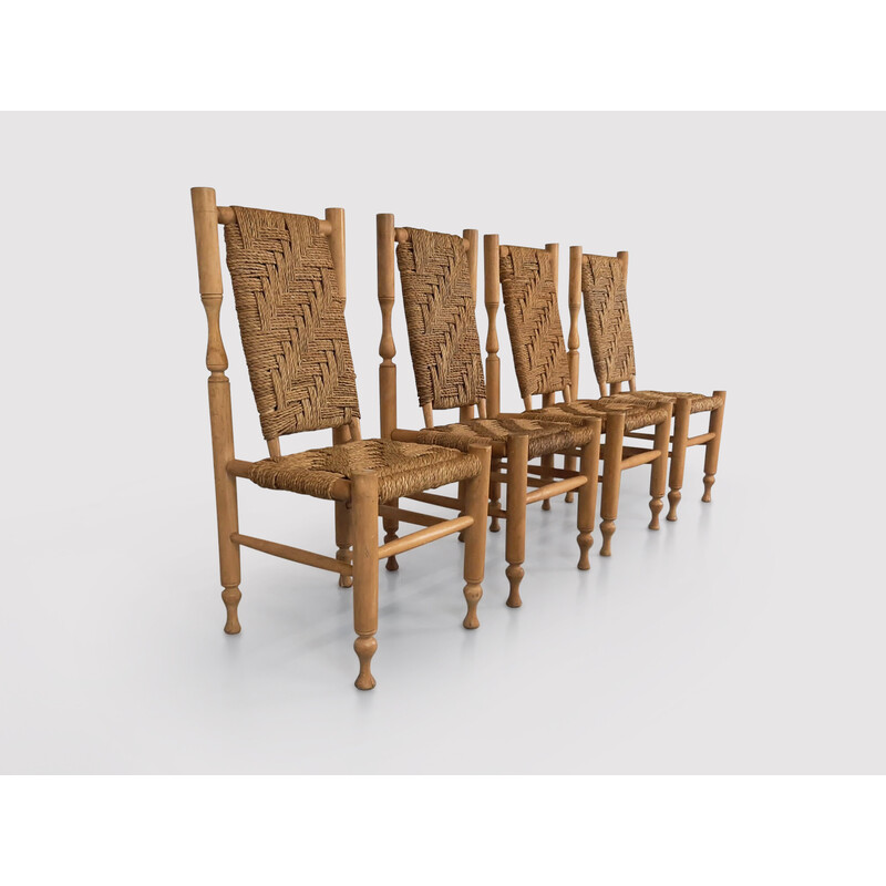 Rustic beech and rope dining chair by Adrien Audoux and Frida Minet for Vibo Visoul France 1950s, set of 4