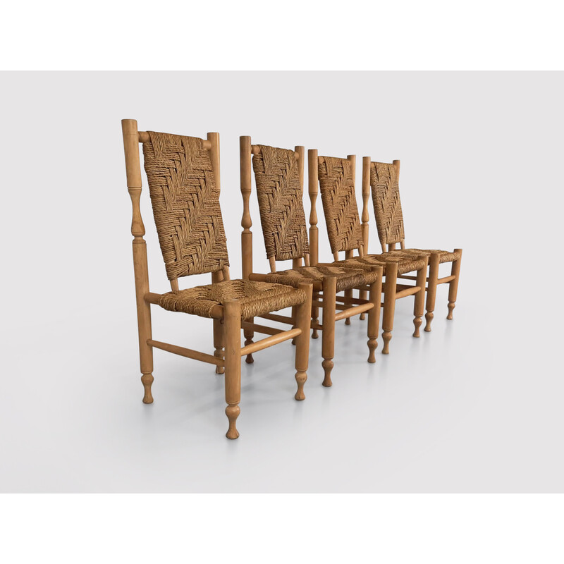 Set of 4 vintage rustic beechwood and rope dining chairs by Adrien Audoux and Frida Minet for Vibo Visoul, France 1950s