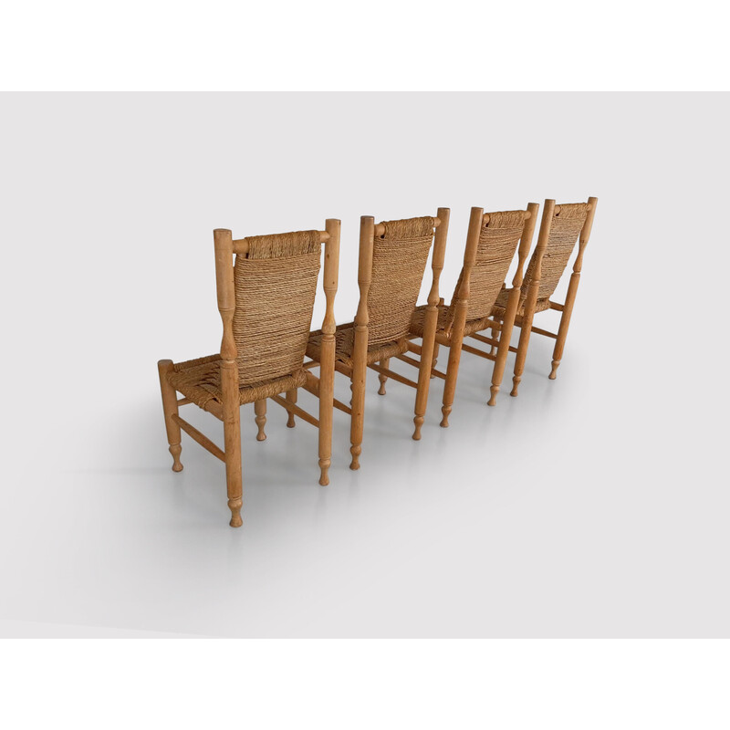 Set of 4 vintage rustic beechwood and rope dining chairs by Adrien Audoux and Frida Minet for Vibo Visoul, France 1950s