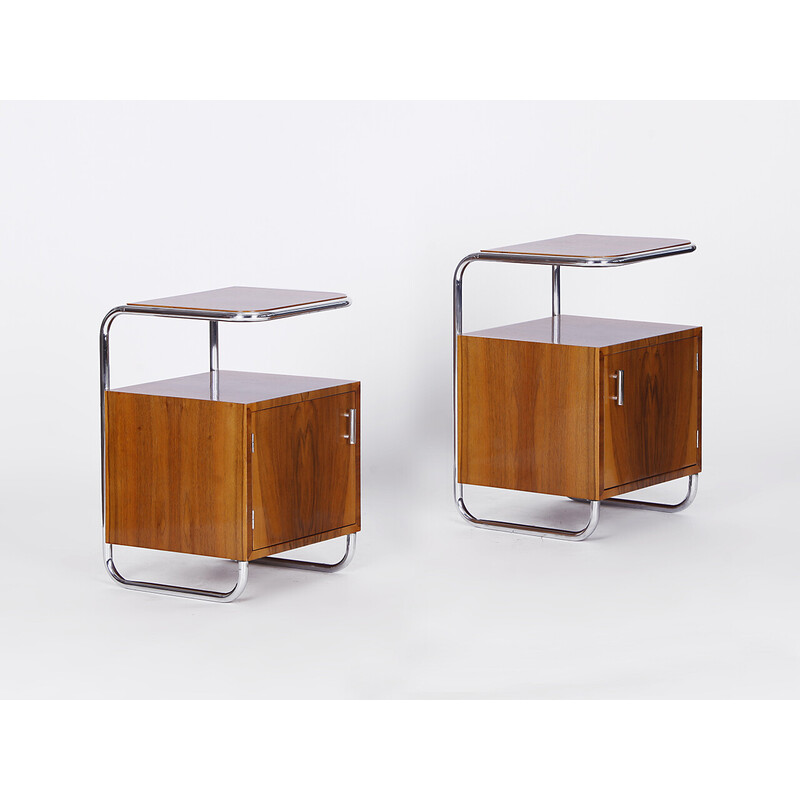 Pair of vintage Art Deco veneered walnut and chrome night stands by Vichr