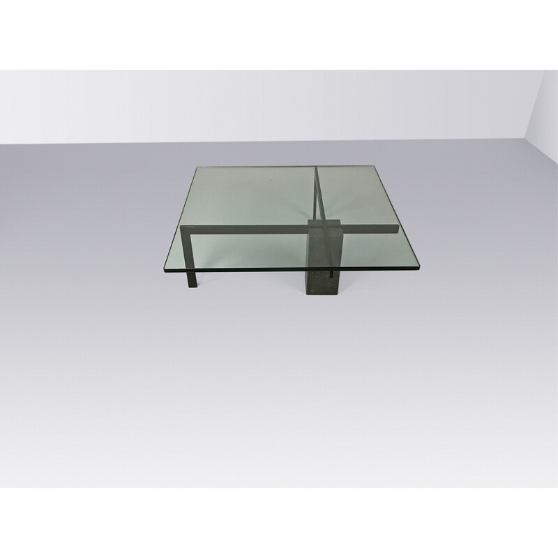 Vintage Kw-1 glass and travertine coffee table by Hank Kwint for Metaform, Netherlands 1980s