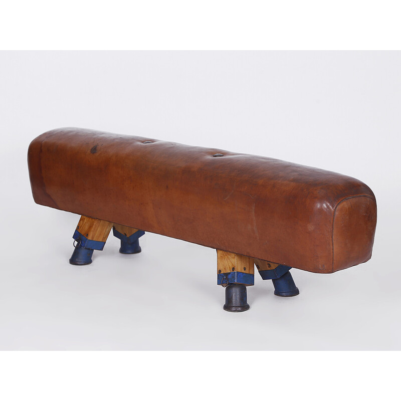 Vintage gymnastic leather pommel horse bench top, Czechoslovakia 1930s