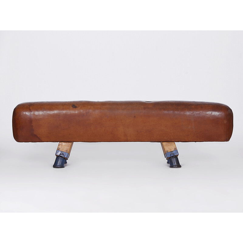 Vintage gymnastic leather pommel horse bench top, Czechoslovakia 1930s