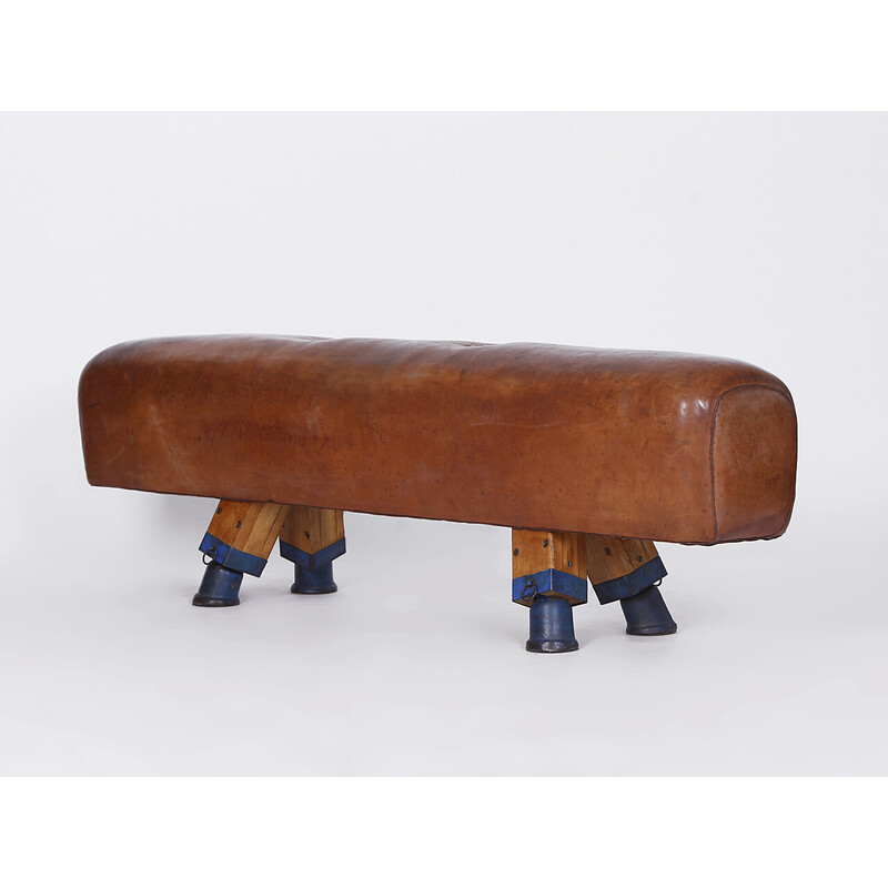 Vintage gymnastic leather pommel horse bench top, Czechoslovakia 1930s