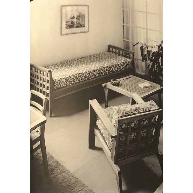 Madeira de carvalho vintage e cama de tecido de dia por René Gabriel, 1950