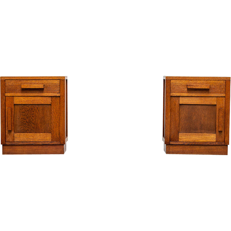 Pair of vintage geometric Art Deco oakwood night stands, 1920s