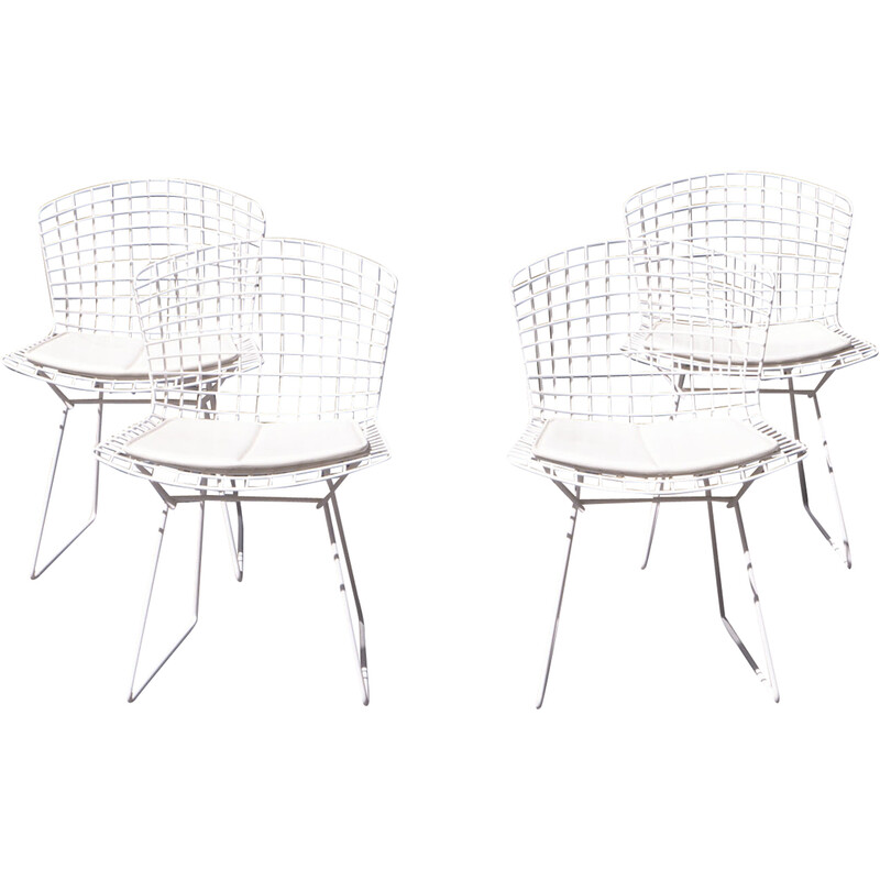 Conjunto de 4 cadeiras de metal branco vintage com patina de Harry Bertoia para Knoll, 1980