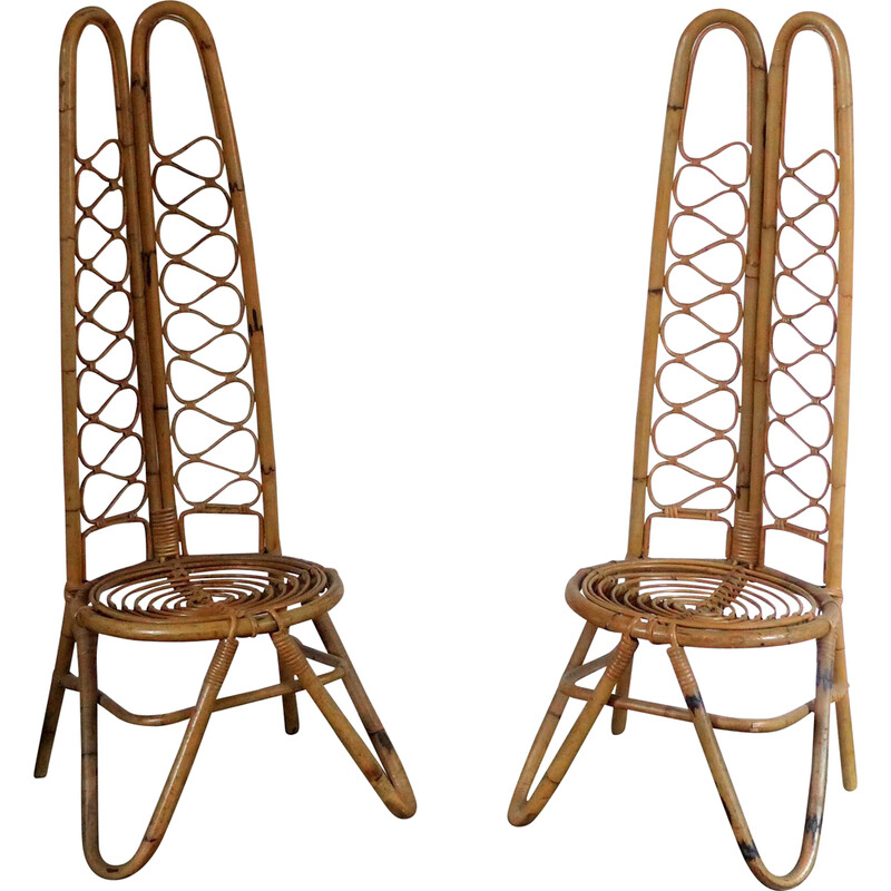 Pair of vintage low chairs in rattan and bamboo, 1960